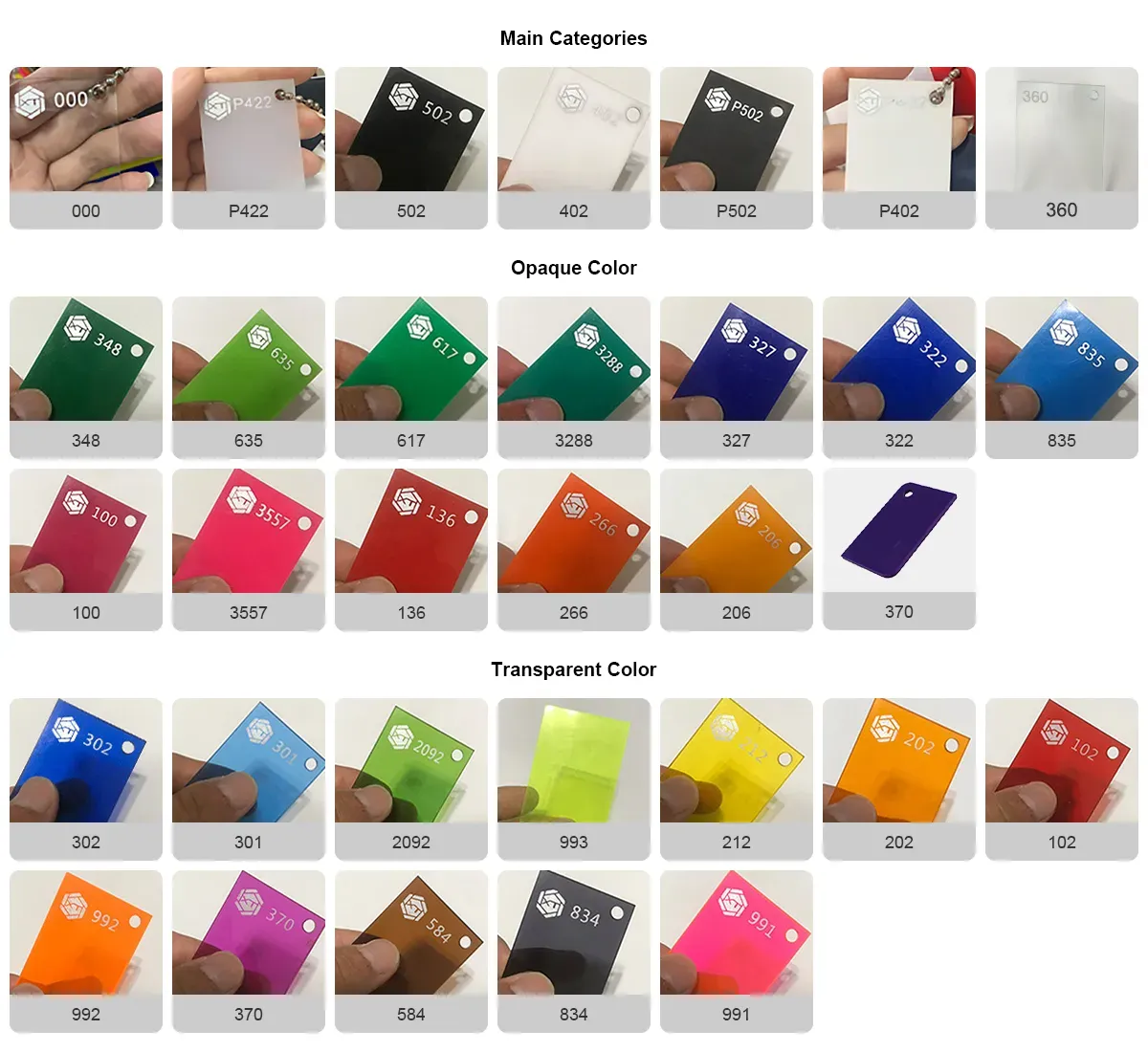 Acrylic sample chart: clear, matte, opaque colors and transparent colors with sample codes