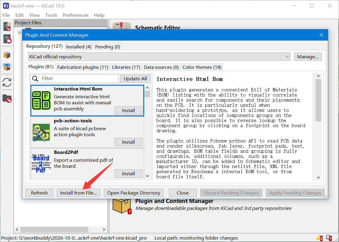 In KiCad Plugin and Content Manager, choose Install from File and select fabrication-toolkit-for-all.zip.