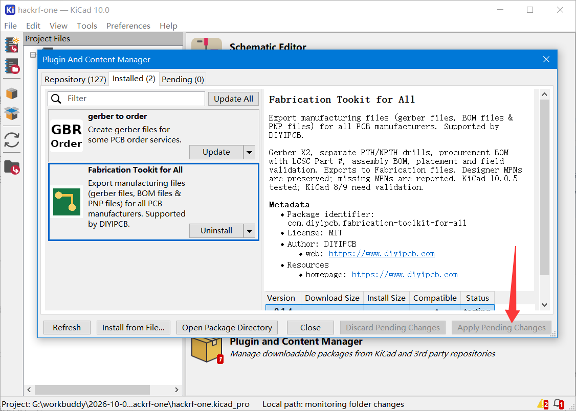 Confirm the plugin appears under Installed. Apply Pending Changes only when changes are pending; a disabled button means there is nothing to apply.