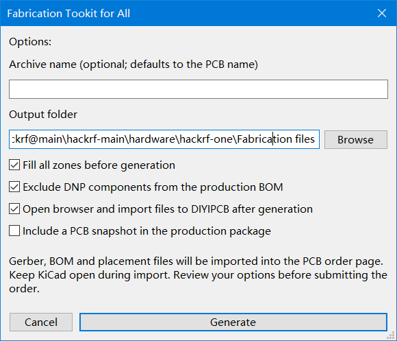Choose the export options and click Generate. Keep KiCad open while files import into DIYIPCB.