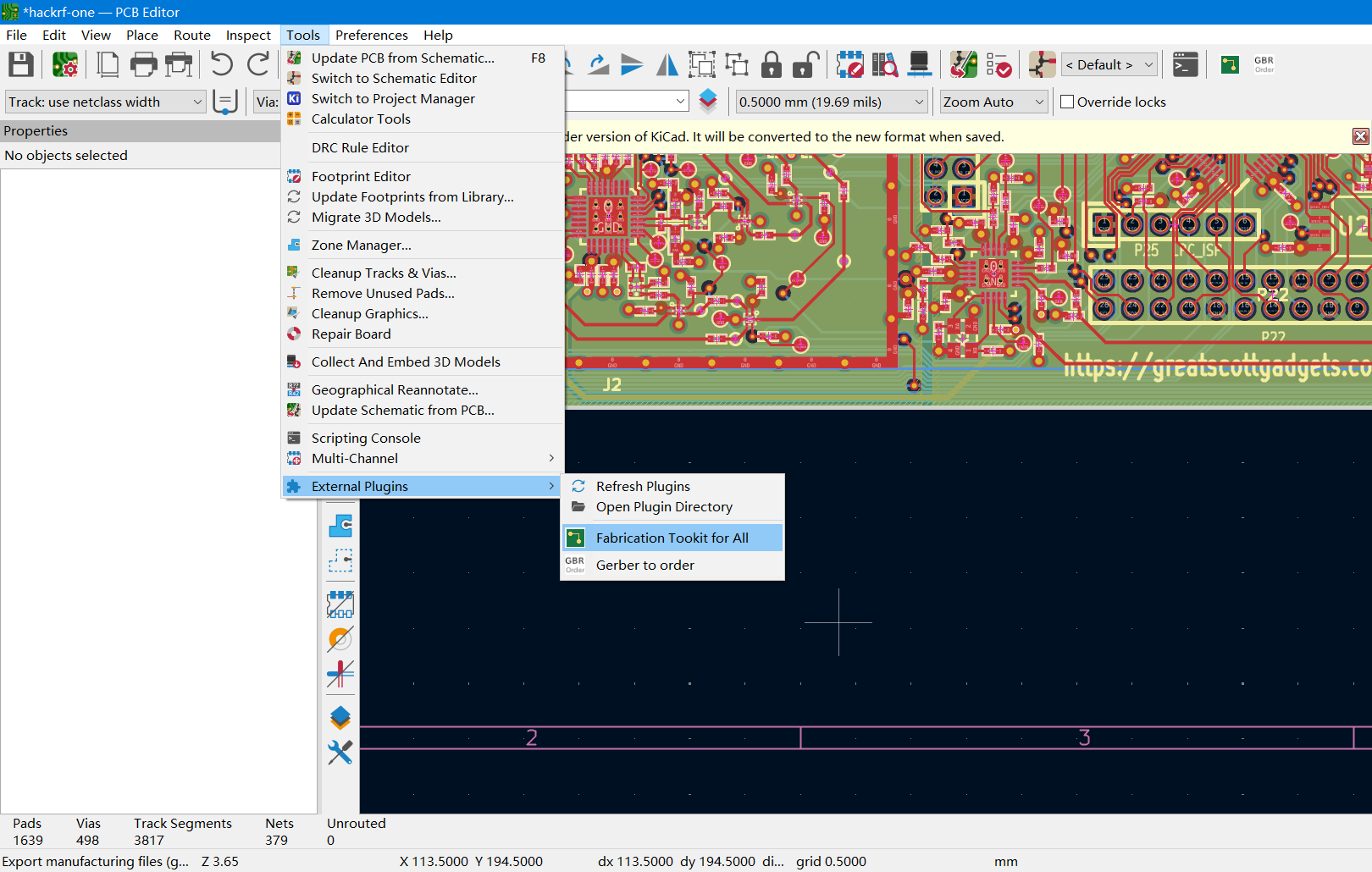 Open the plugin from PCB Editor: Tools → External Plugins → Fabrication Toolkit for All.
