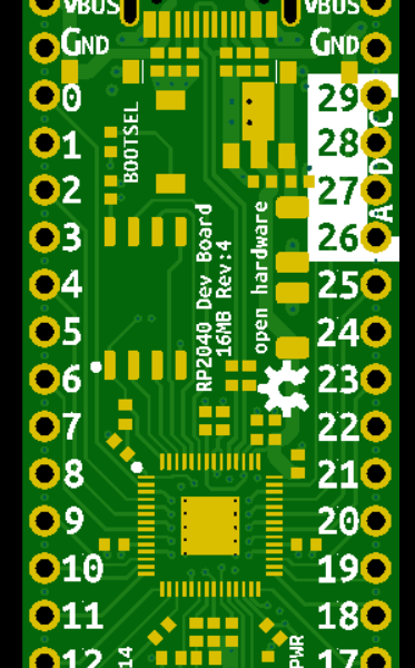 22008 RP2040 Dev Board Rev 4 Rev 4 front bare PCB render — not assembled PCBA