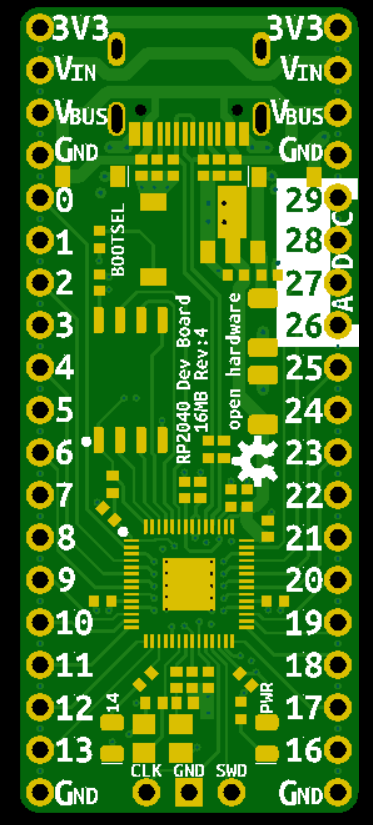 22008 RP2040 Dev Board Rev 4 Rev 4 front bare PCB render — not assembled PCBA