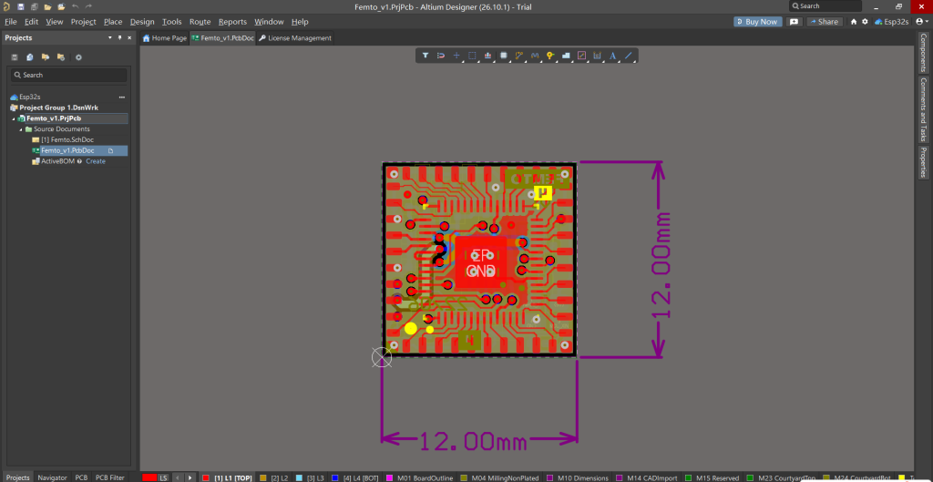 FEMTO PCB opened in Altium Designer 26.10.1; the example board measures 12 × 12 mm.