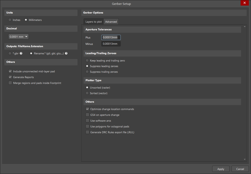 Gerber Advanced settings shown in this example; exporting a .RUL file does not run a design-rule check.