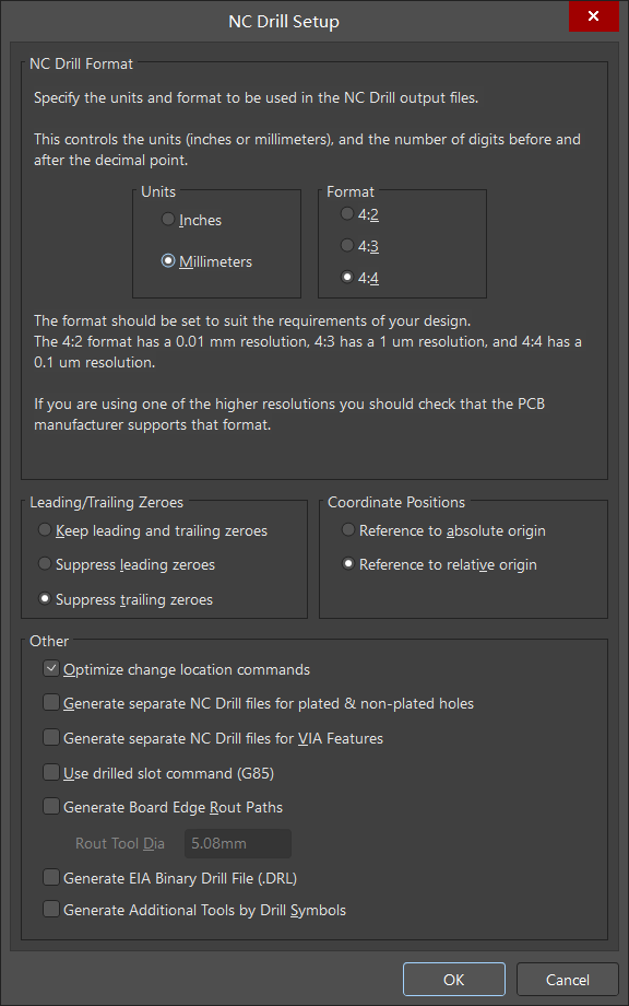 NC Drill Setup before the final changes: change Suppress trailing zeroes to Suppress leading zeroes and enable separate plated/non-plated drill files.