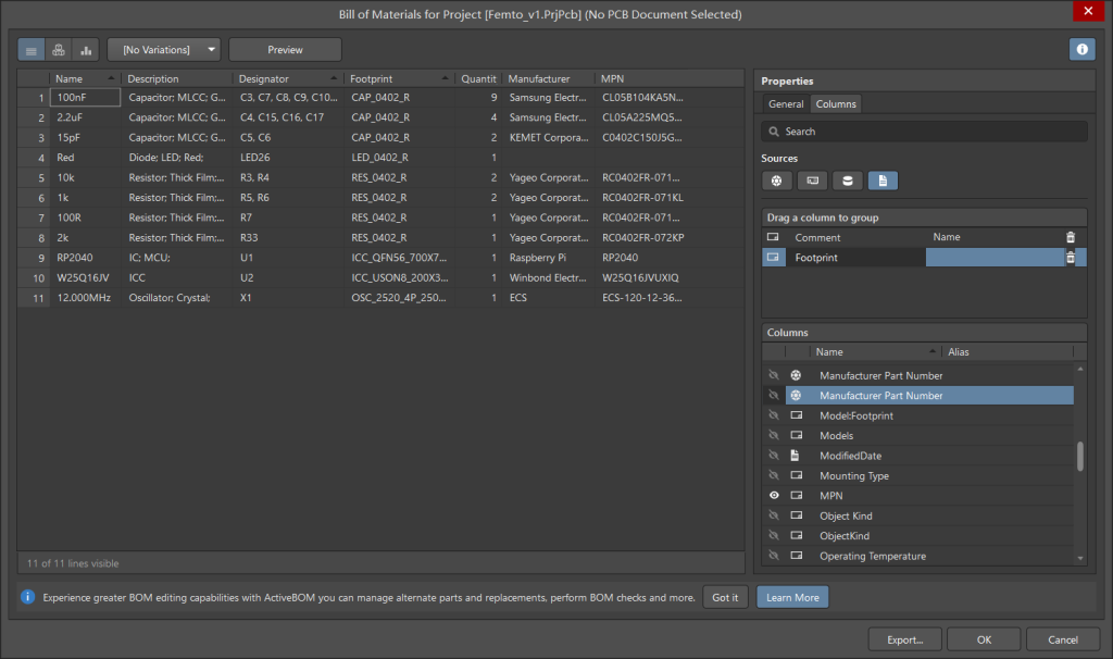 Enable Manufacturer and MPN. This screen precedes adding MPN to the grouping; LED26 still has missing procurement information.