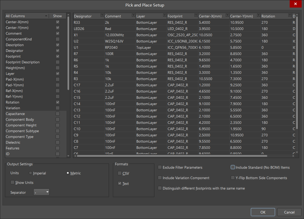 Pick and Place Setup before the final format change: enable CSV and disable Text. Metric units are already selected.