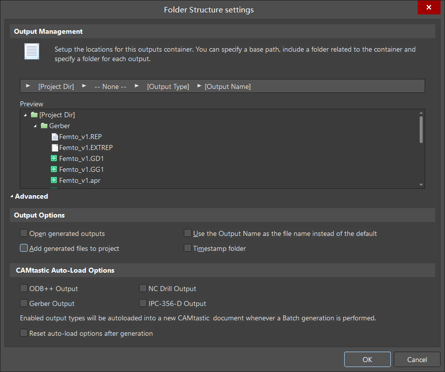 Folder Structure options: keep output-type folders and disable automatic opening and adding generated files to the project.