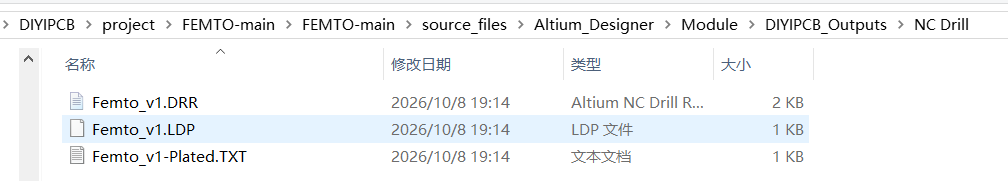 The NC Drill folder: Femto_v1-Plated.TXT is actual drill data and must be included in the fabrication ZIP.