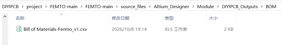The BOM CSV generated for the example project.