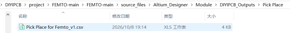 The pick-and-place CSV generated for the example project.