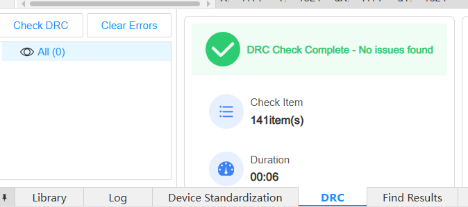 The example passes the enabled DRC checks. This is not a functional test.