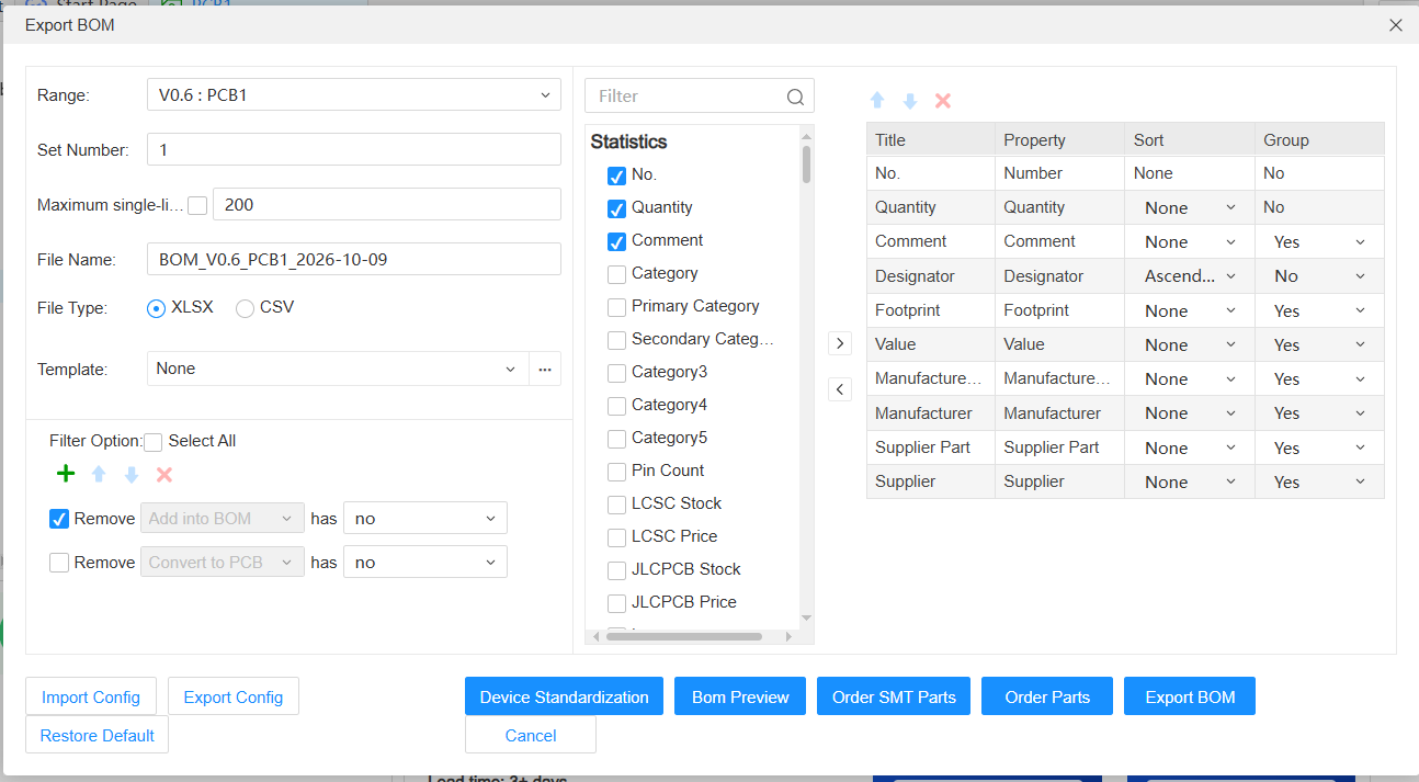 BOM settings: select the correct PCB and export quantities for one board.