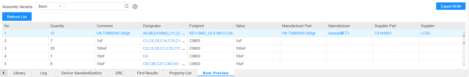 BOM preview: missing manufacturer part numbers still need to be resolved.