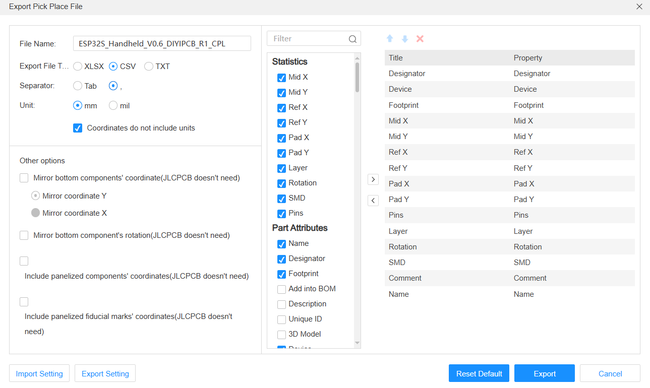 CPL settings: CSV, comma separator, millimeters and numeric coordinates.