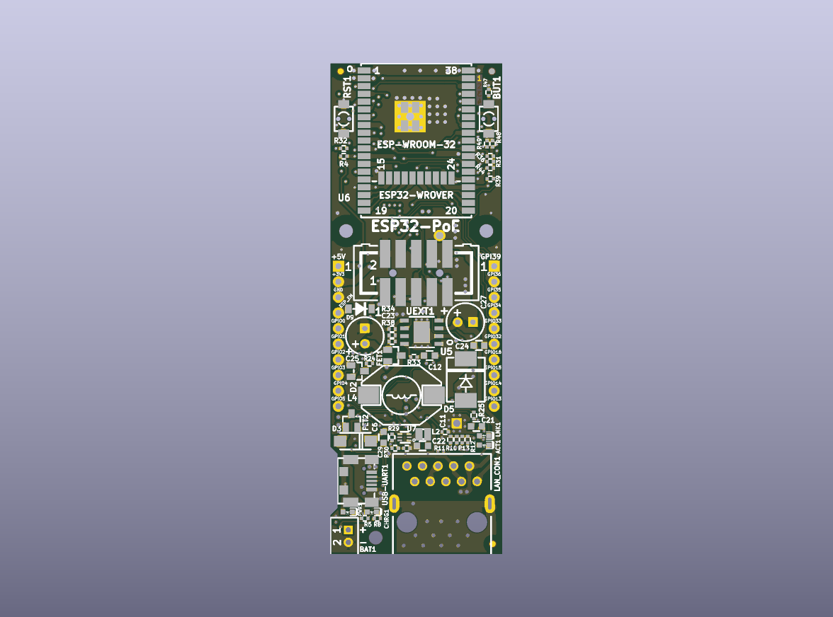 ESP32 PoE Ethernet-Entwicklungsplatine (Rev. M2) – Ansicht der blanken Leiterplatte von oben