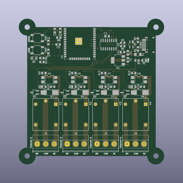 ESP32 WiFi 4-Channel Relay Controller Bare PCB - top bare PCB view