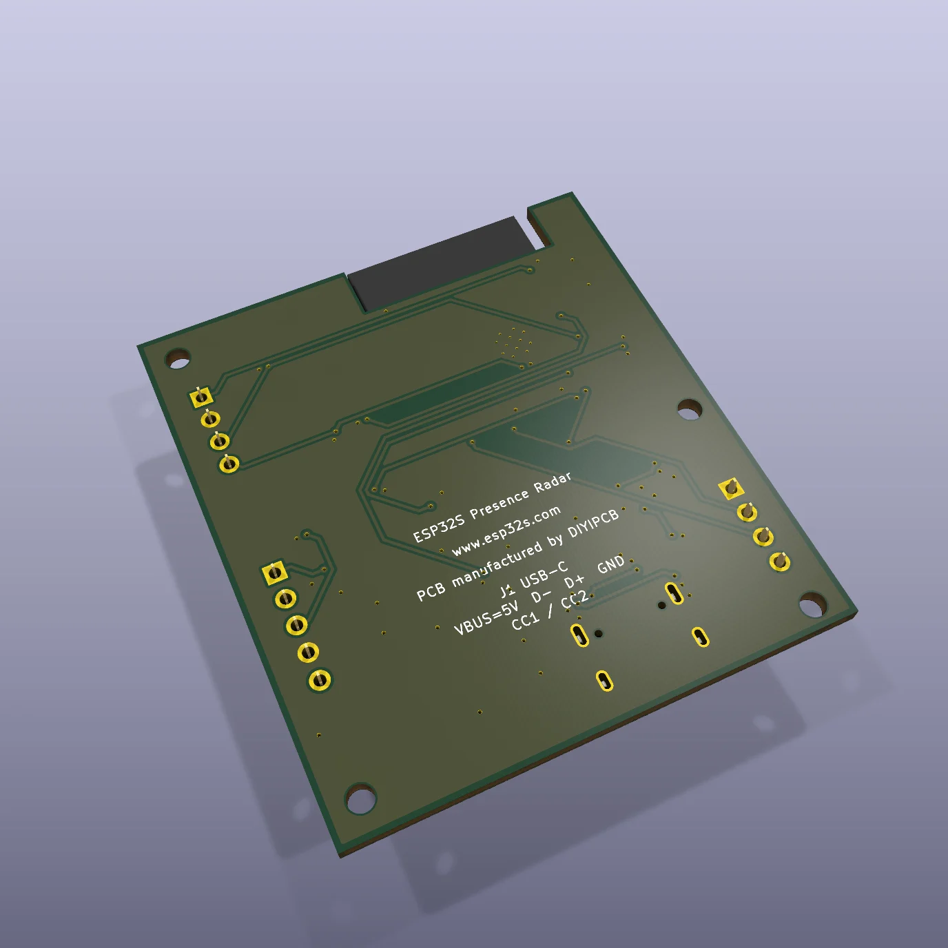 ESP32S Presence Radar R1.2 female-socket mainboard — KiCad 3D render