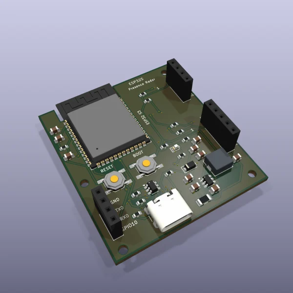 ESP32S Presence Radar R1.2 female-socket mainboard — KiCad 3D render