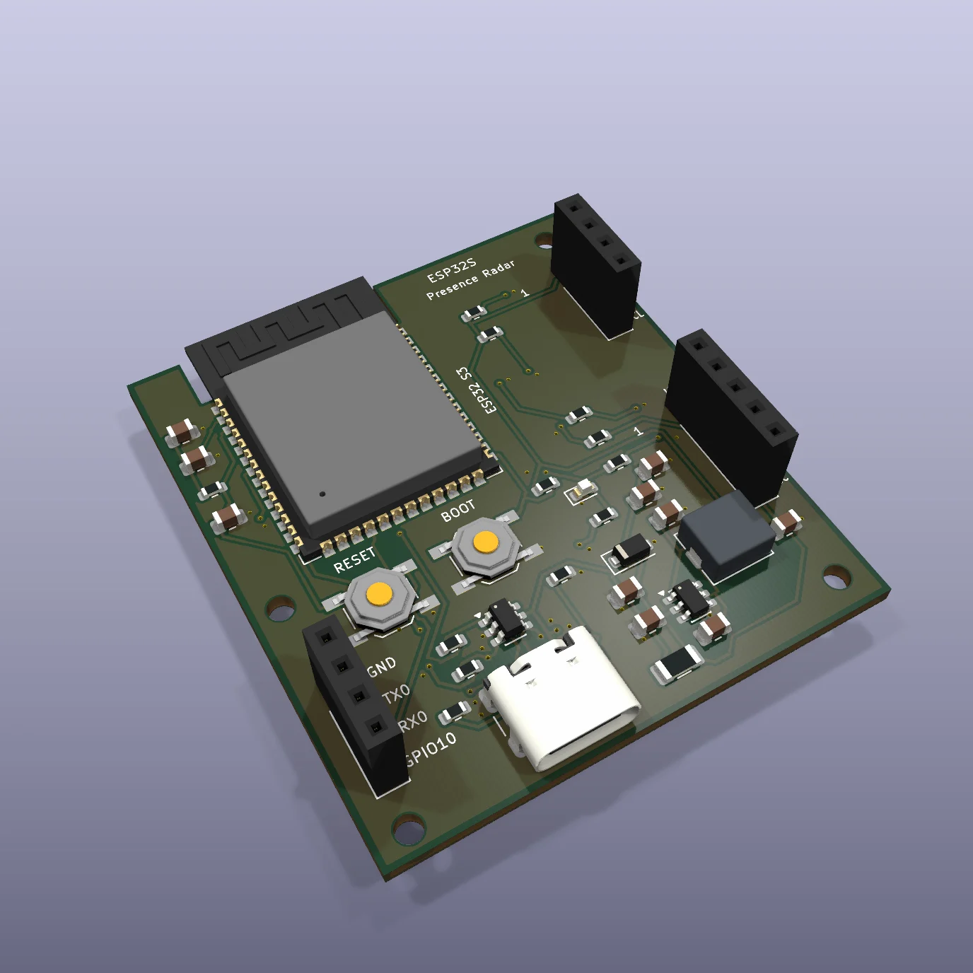 ESP32S Presence Radar R1.2 female-socket mainboard — KiCad 3D render