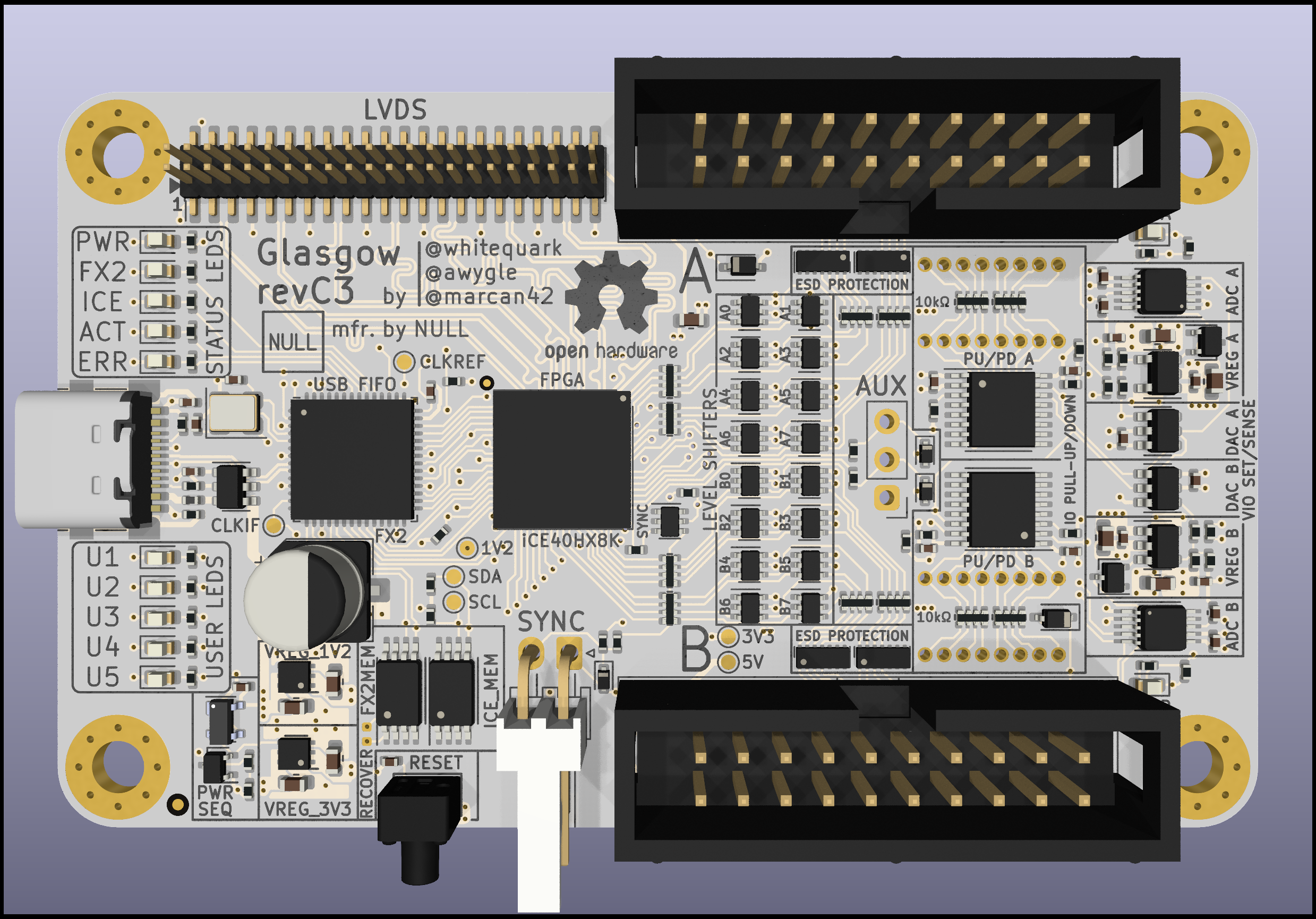 Glasgow revC3 front reference render; bare PCB purchase excludes components