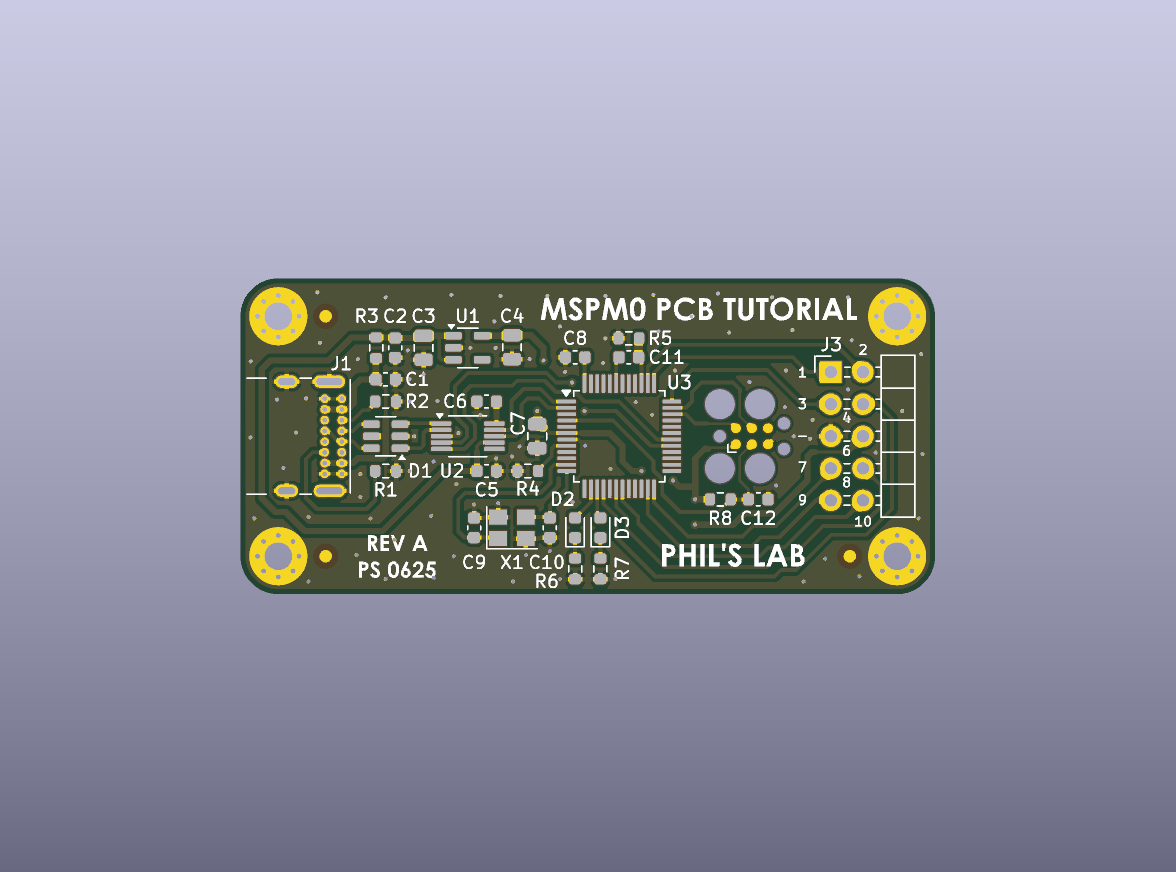 MSPM0G3507 USB-C Entwicklungs-Leiterplatte (unbestückt) Rev A – Ansicht der unbestückten Leiterplatte von oben
