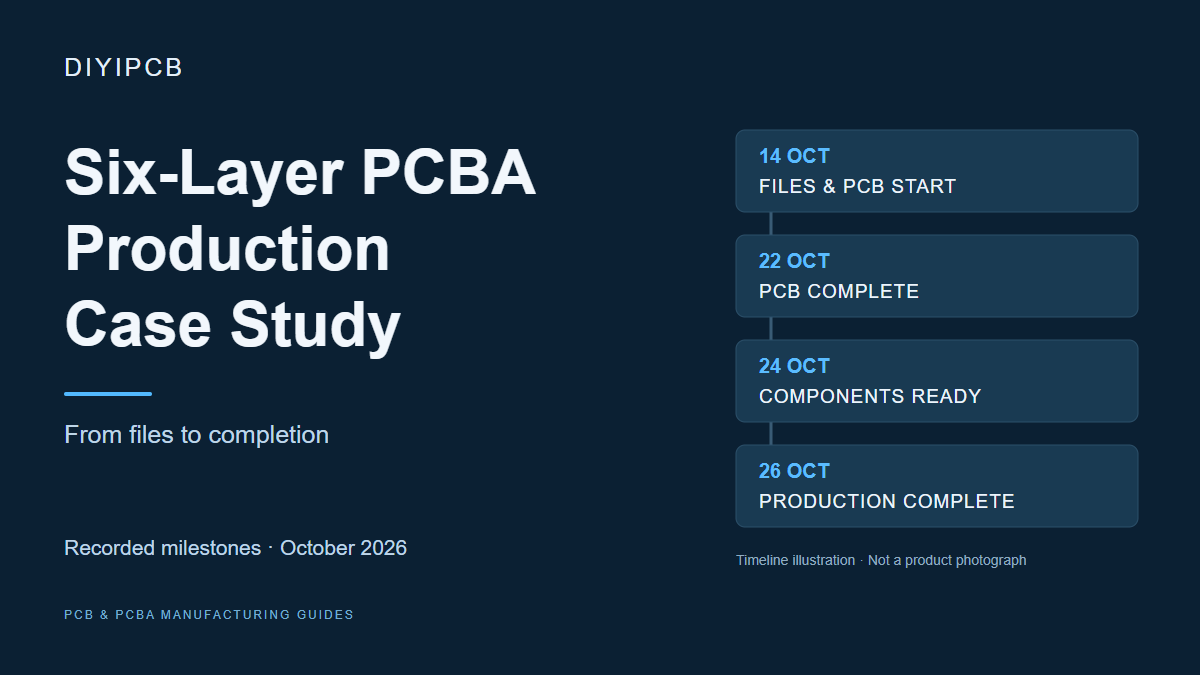 DIYIPCB six-layer PCBA case study: recorded production milestones from 14 to 26 October 2026; timeline illustration.