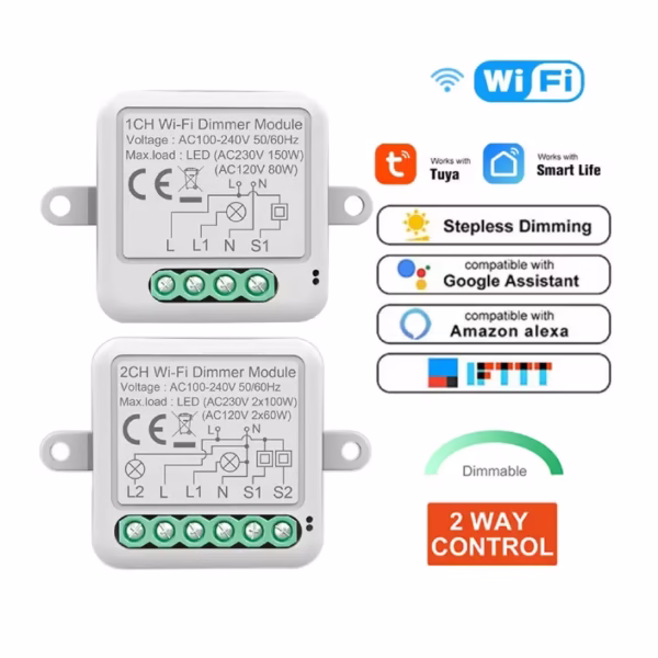 Tuya WLAN-Smart-Dimmer-Schaltermodul, 2-Wege-Dimmbarer Lichtschalter