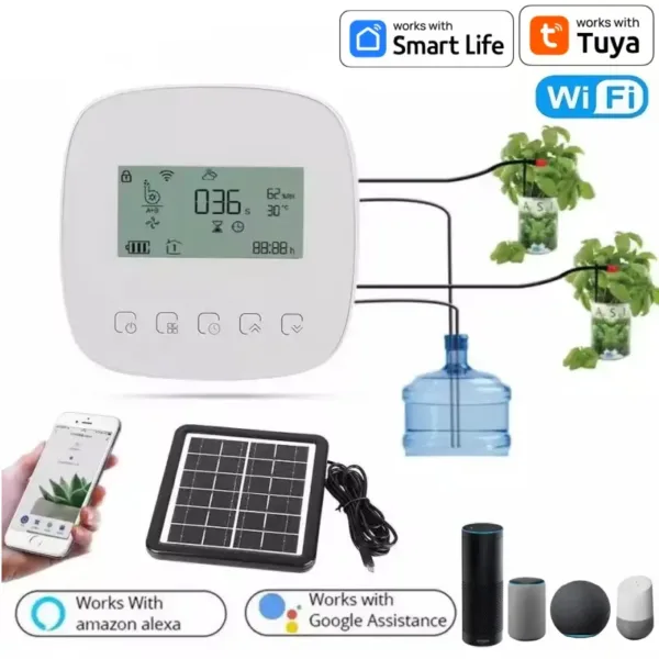 Automatische WLAN-Mikro-Tropfbewässerungssteuerung mit Solarpanel und intelligentem Wassertimer für Zimmerpflanzen, kompatibel mit Alexa und Google Home