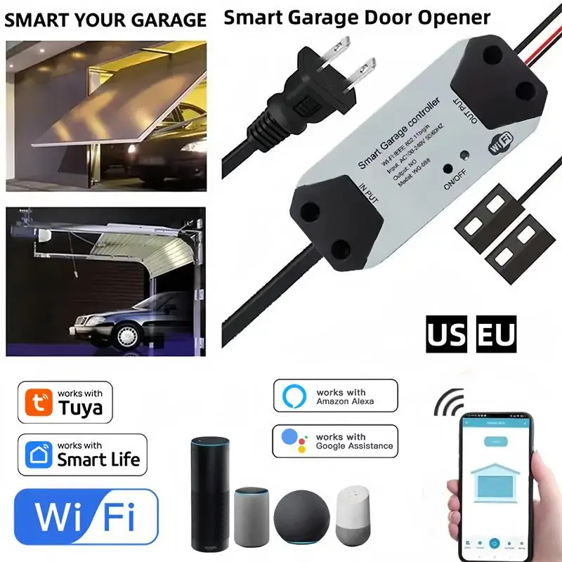 米国/EU対応WiFiスイッチ搭載スマートガレージドアオープナーコントローラー。Alexa、Echo、Google Home、SmartLife/Tuyaアプリに対応。ハブ不要。