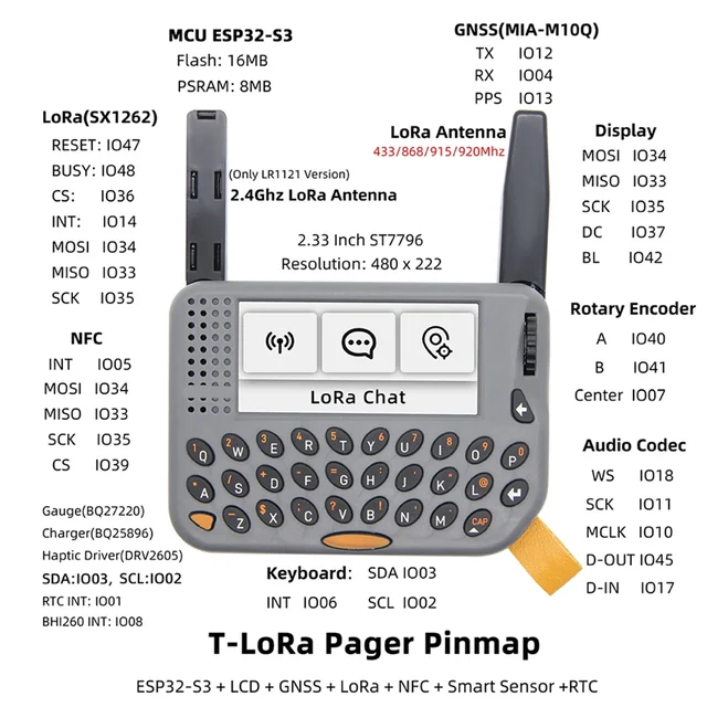 AA84 Aiot AI プログラマブル Meshtastic T-Lora ページャー ESP32-S3 GPS Lora SX1262 ワイヤレス RF モジュール デュアルモード RFID/NFC RTC GNSS