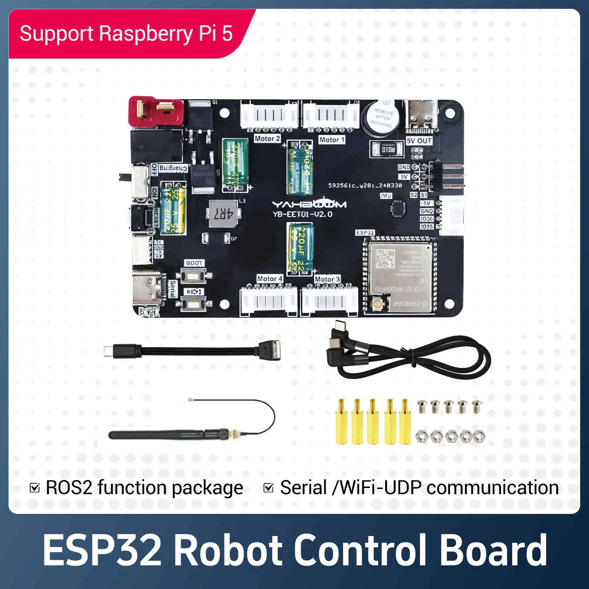 Raspberry Pi 5 ロボットカーキット用、6軸IMU姿勢センサーモーター駆動モジュール搭載マイクロROS制御ボード ESP32モード ROS2
