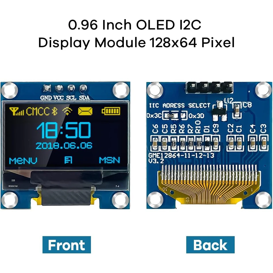 Módulo de pantalla OLED de 0,96 pulgadas - I2C/IIC 128x64 SSD1306 Compatible con Arduino, ESP32, ESP8266 | 3,3 V/5 V Azul/Blanco/Amarillo
