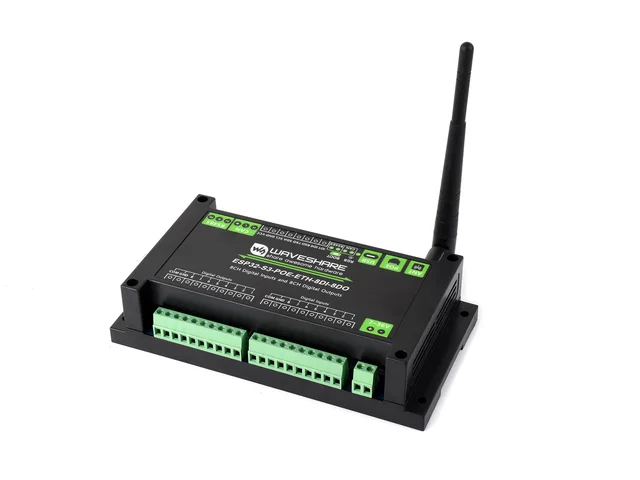 Placa de control industrial ESP32-S3 de 8 canales con WiFi, Bluetooth, CAN, IoT, interfaces RS485 y RJ45 ETH, y alimentación PoE.