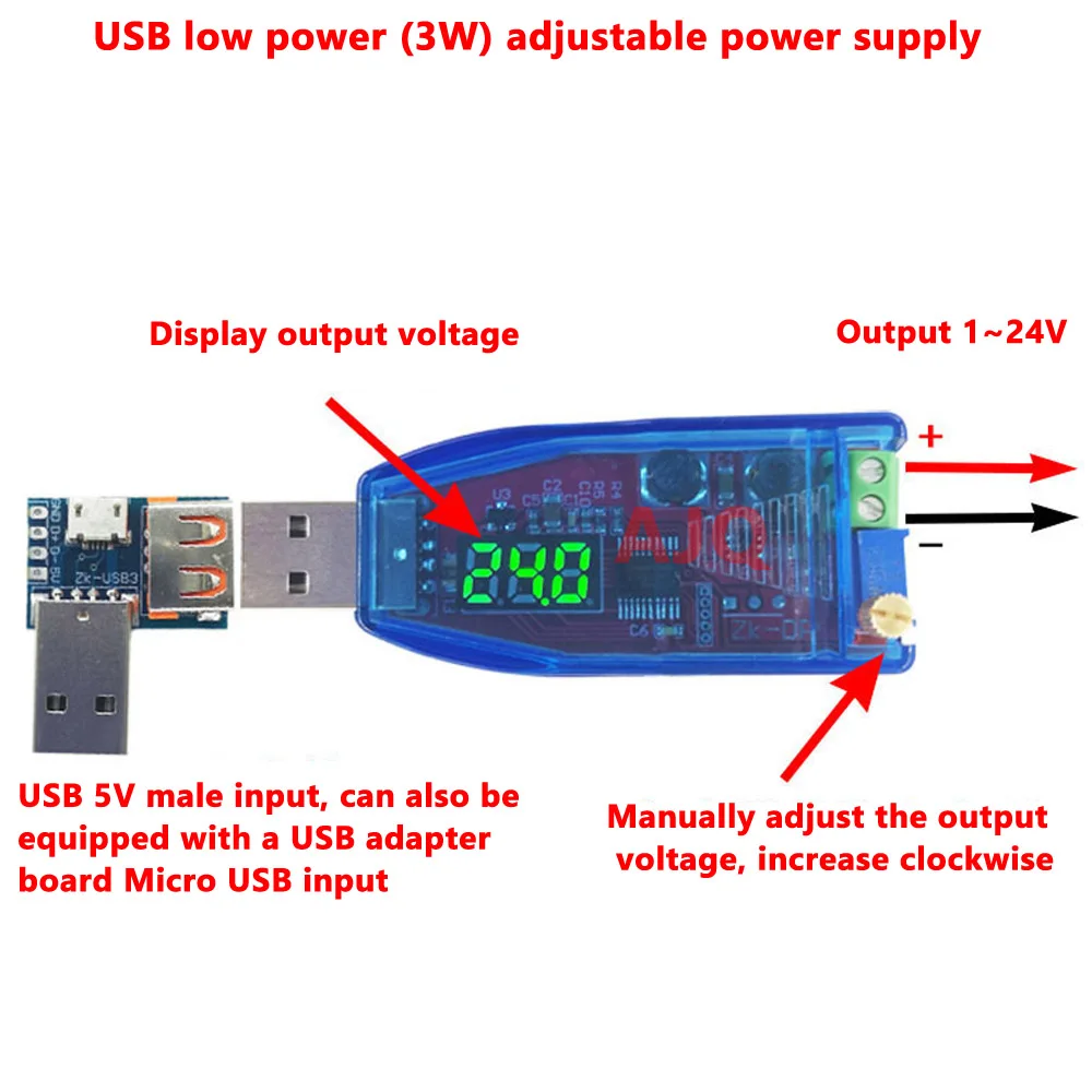LED DC-DC 5V to DC 1-24V Adjustable Potentiometer USB Step Up/Down Buck Boost Converter Power Supply Voltage Regulator Module - Imagen 2