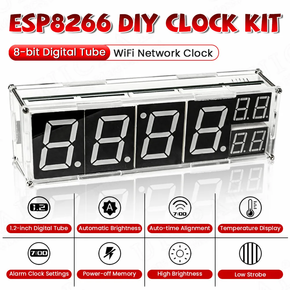 Kit de bricolaje: Reloj electrónico de red WiFi con módulo ESP8266, pantalla digital de tubo de 8 bits, alarma de temperatura y hora. Kit de práctica de soldadura.