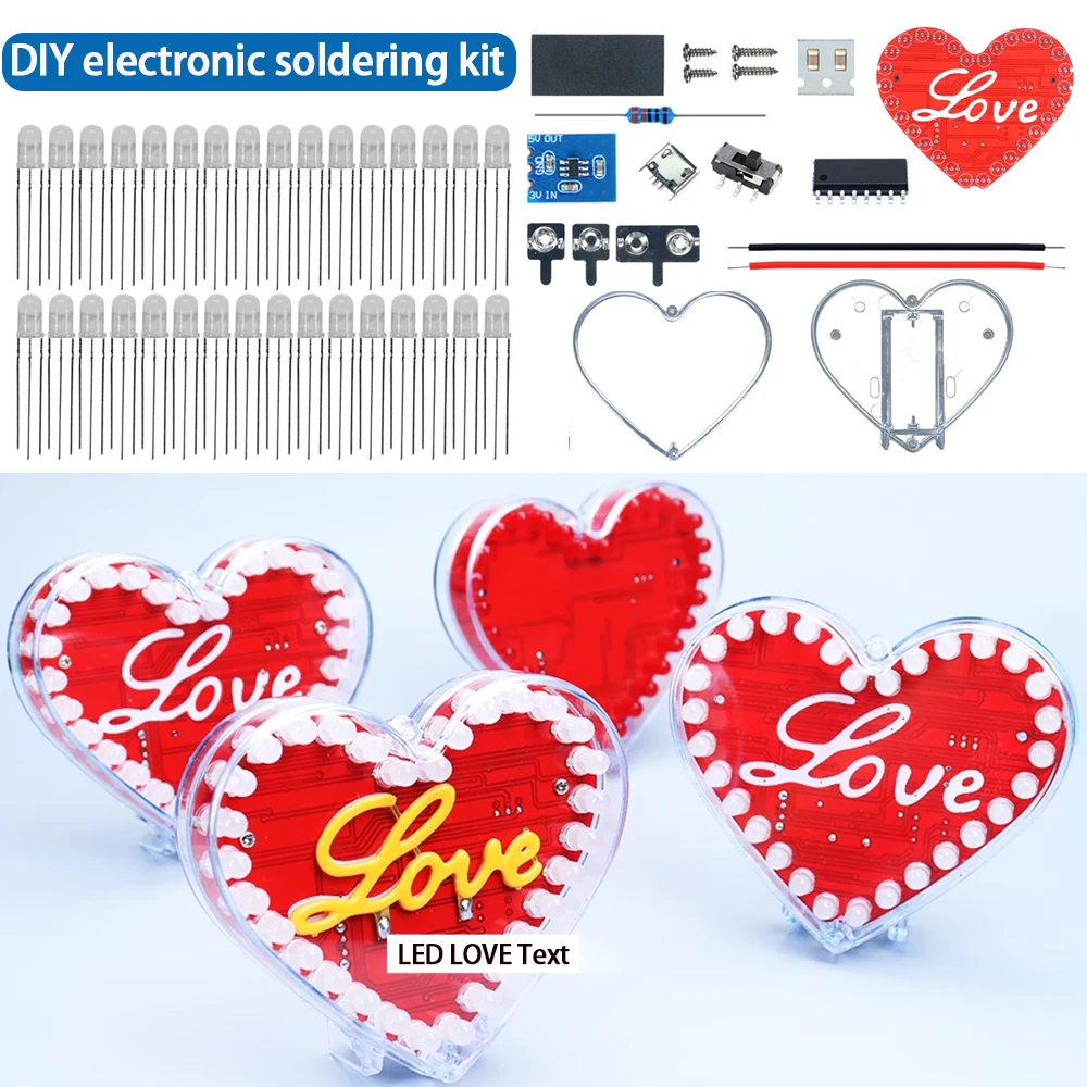 Kit electrónico DIY: luz LED intermitente de colores con forma de corazón, componentes SMD, kit de soldadura.