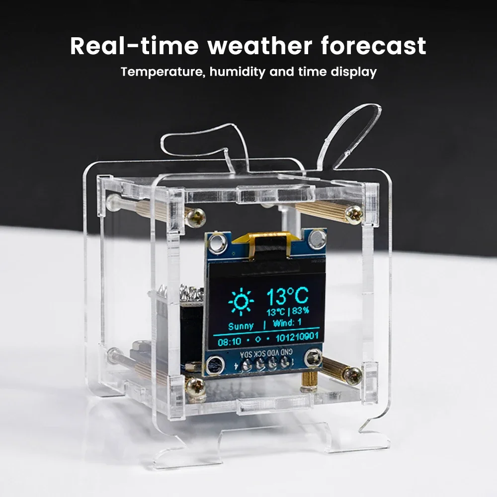 ESP8266 Mini-Elektronikuhr-Bastelset mit 0,96-Zoll-OLED-Display, 2,4-GHz-WLAN-Unterstützung, Gehäuse und Lötkomponenten.