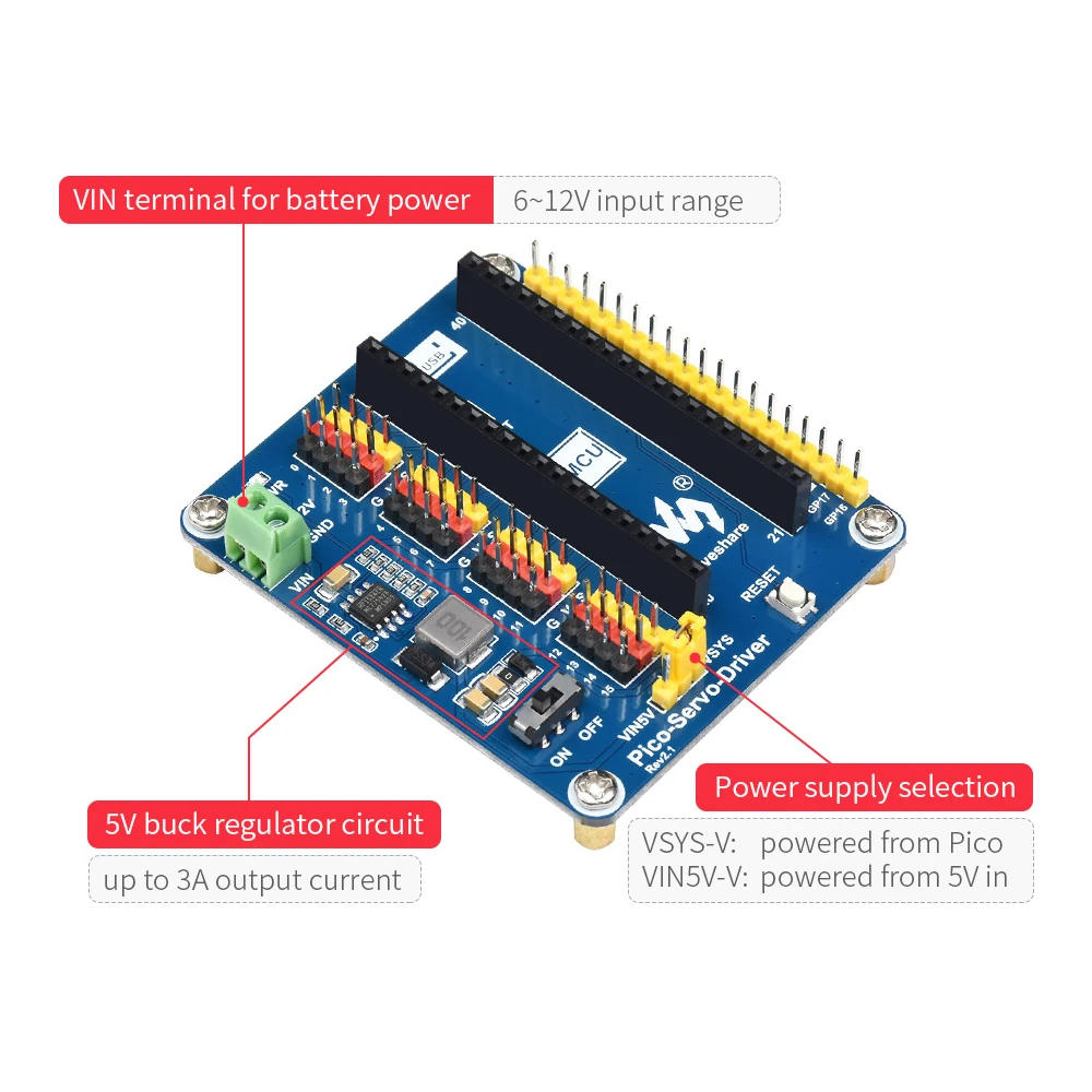 16-Channel PWM Micro Servo Motor Driver Controller Shield for RasPi RPI Raspberry Pi PICO 2 W RP2040 RP2350 Expansion Board HAT - Image 3