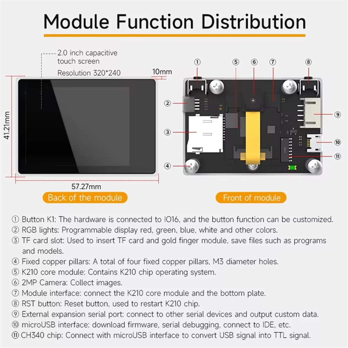 K210 Visual Recognition Module with 2MP Camera OV2640 and 2.0-Inch LCD Capacitive Touch Screen for DIY Robot Car Kit - Imagen 3