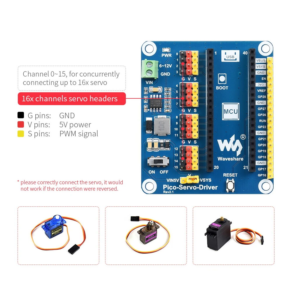 16-Channel PWM Micro Servo Motor Driver Controller Shield for RasPi RPI Raspberry Pi PICO 2 W RP2040 RP2350 Expansion Board HAT - Image 4