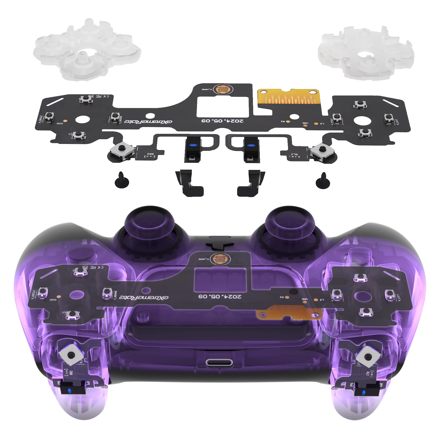 Kit completo Clicky V2 de eXtremeRate para mando de PS5 BDM-040/050, botones de cruceta y gatillos de alta sensibilidad con microinterruptores.