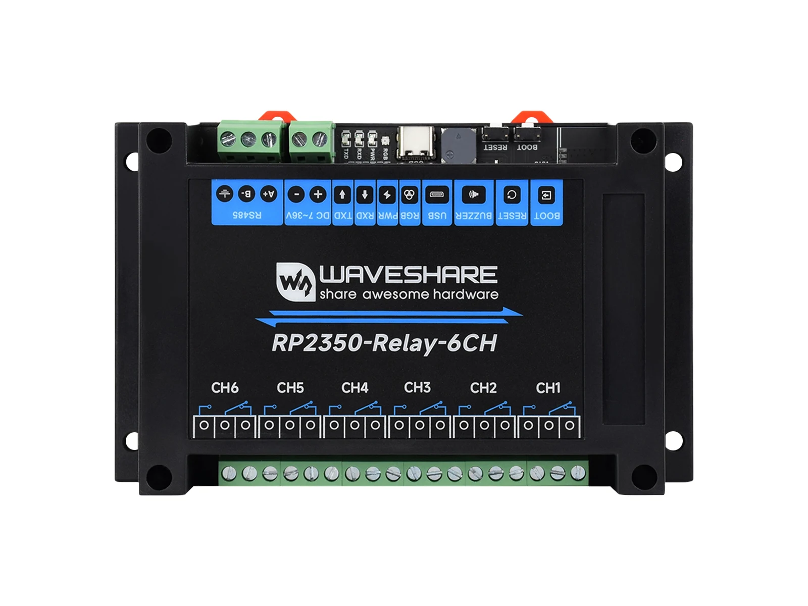 Waveshare Industrielles 6-Kanal-Relaismodul RP2350 mit mehreren integrierten Isolationsschutzschaltungen und RS485/Pico-HAT-Schnittstelle