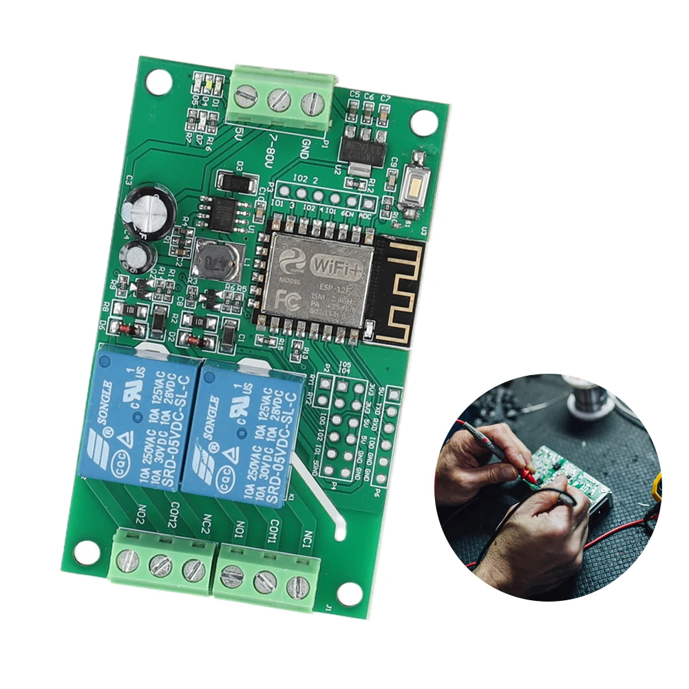 Placa de relé WIFI ESP8266 de doble canal, placa de desarrollo ESP-12F, módulo de relé inteligente inalámbrico de 5 V CC y 10 A basado en Arduino