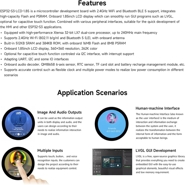 Waveshare ESP32-S3 1.85 inch IPS TFT Round LCD Display Development Board 360x360 Support WiFi Bluetooth for LVGL GUI/HMI/Arduino – Bild 4