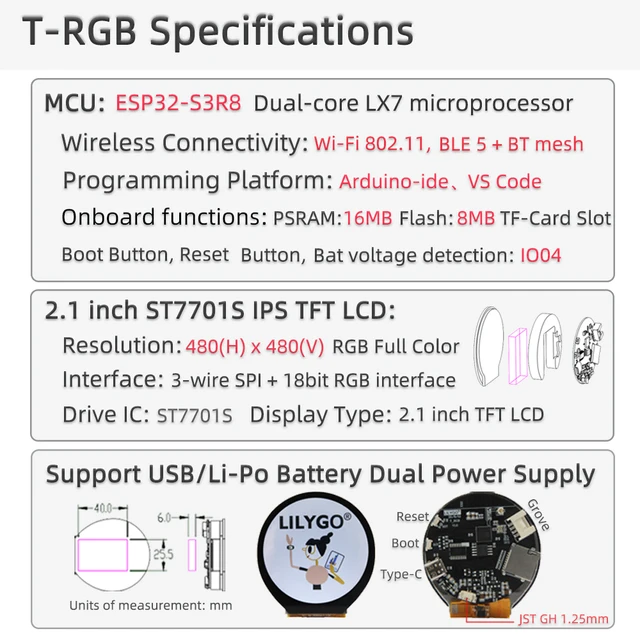 LILYGO T-RGB ESP32-S3 2.1 inch Round Display ST7701S LCD Touch Screen ESP32-S3R8 Development Board Support WIFI Bluetooth TF - 画像 (5)