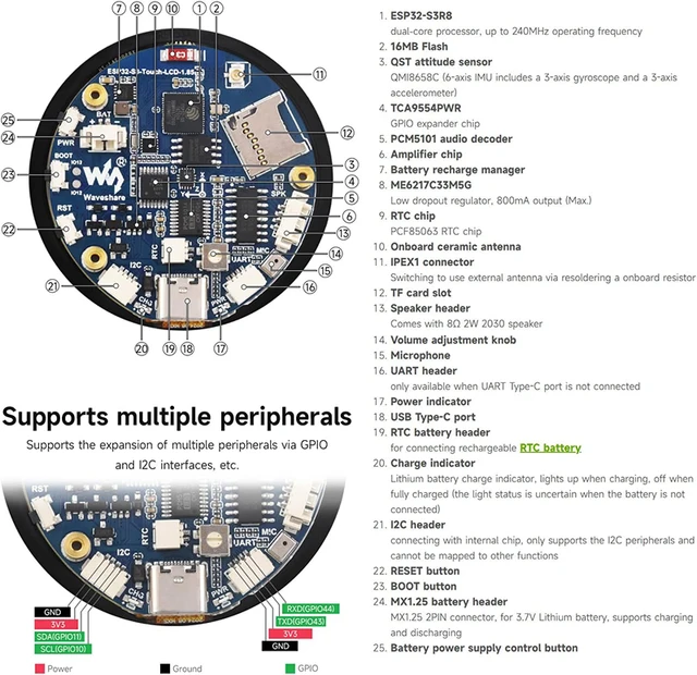 Waveshare ESP32-S3 1.85 inch IPS TFT Round LCD Display Development Board 360x360 Support WiFi Bluetooth for LVGL GUI/HMI/Arduino – Bild 5