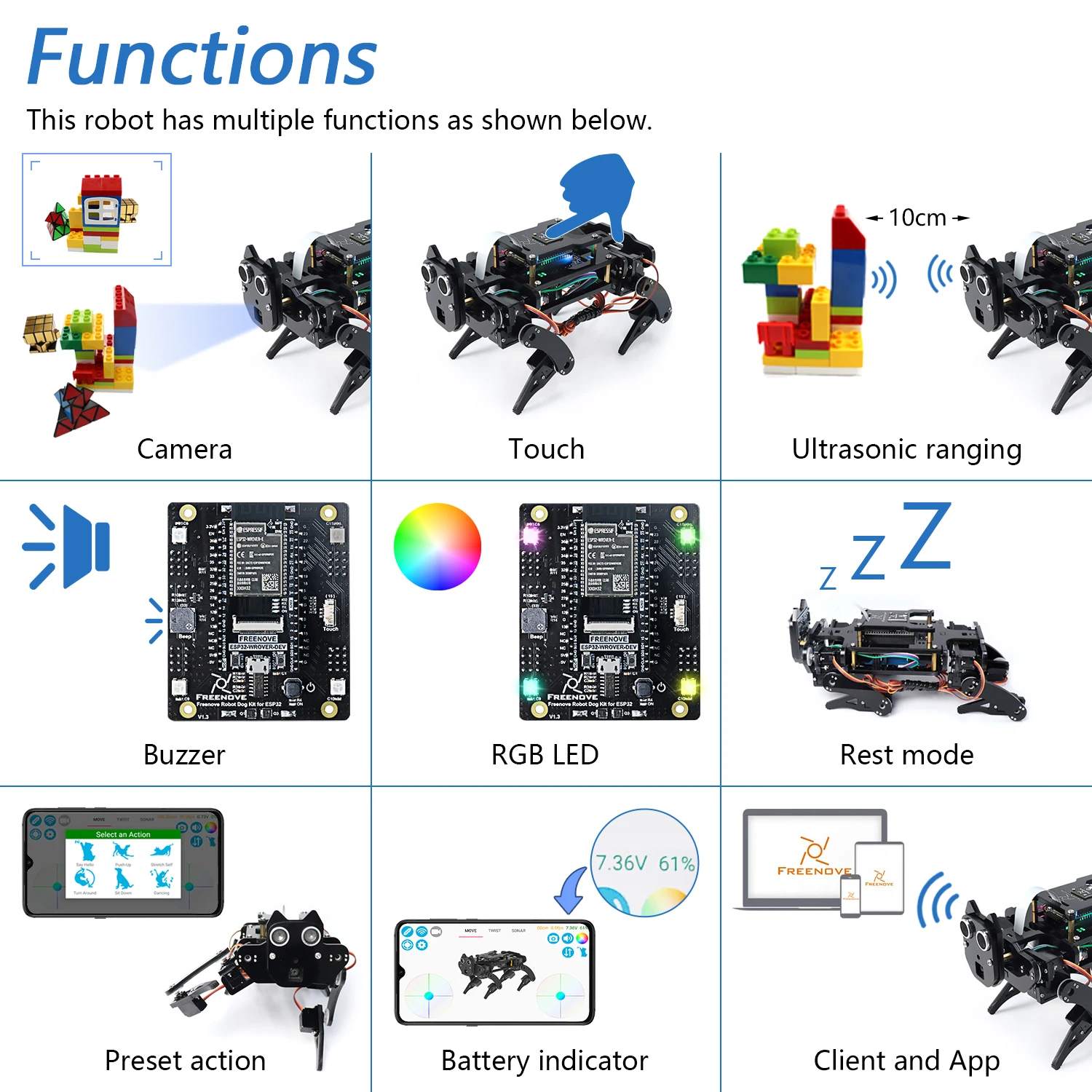 Robot Dog Kit for ESP32-WROVER CAM, Dual-core 32-bit 240MHz, Touch Sensor, Ultrasonic Ranging, Buzzer RGB LED Servo App - 画像 (4)