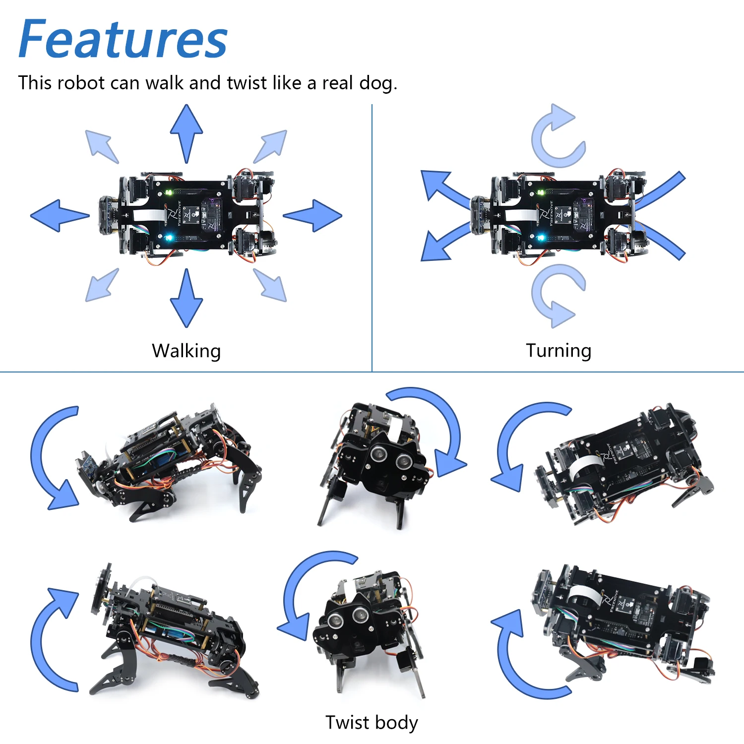 Robot Dog Kit for ESP32-WROVER CAM, Dual-core 32-bit 240MHz, Touch Sensor, Ultrasonic Ranging, Buzzer RGB LED Servo App - 画像 (3)